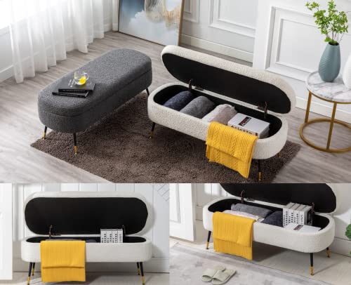 CIMOTA Modern Upholstered Storage Bench for Bedroom Sherpa Ottoman Entryway Beach Faux Fur End of Bed Bench with Metal Legs for Living Room, Beige, 45 Inches