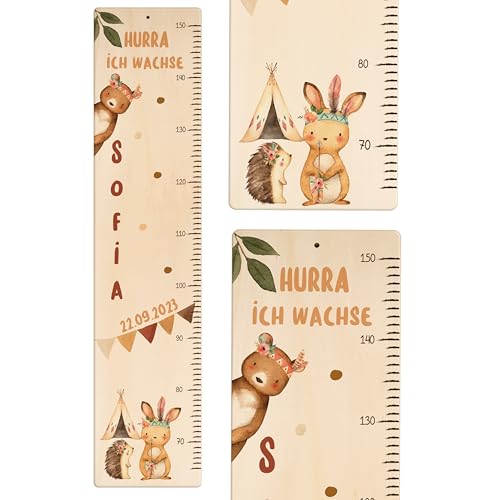 Kidsmood - Personalisierte Messlatte Kinder aus Holz – Hochwertige Messleiste & Wand-Deko für Baby- & Kinderzimmer mit zauberhaftem Boho Tiere – Tolles Taufgeschenk für Mädchen & Jungen - (65-140cm)