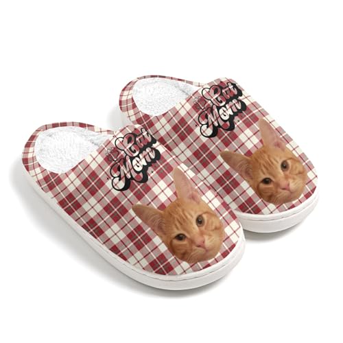 DIYGIFTS Custom Cat Pet Photo for Slippers Personalized Cotton Slippers Unique Gift for Lover Plaid Red