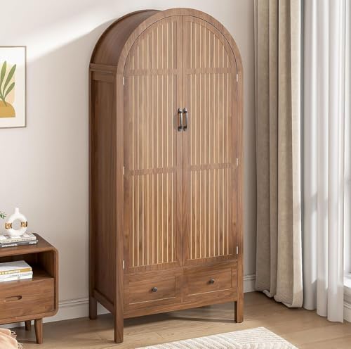 Image of Lxsxlome Armoire Wardrobe Closet, Modern Wardrobe Closet with Drawers and 2 Arched Fluted Doors, 70.87‘’ Tall Wooden Bedroom Armoires with Shelves and Hanging Rod (1, Walnut)