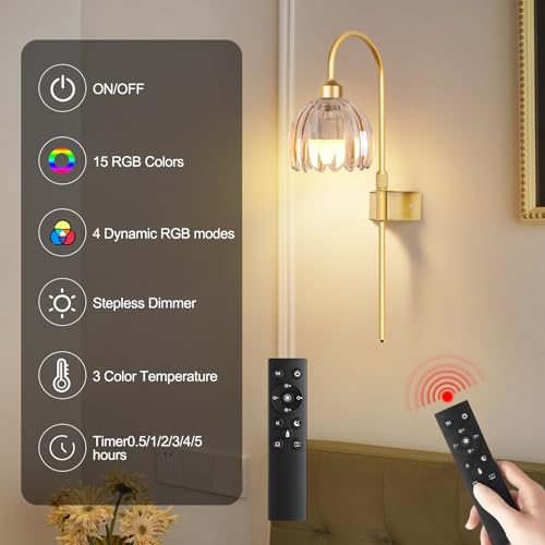 Image of Vintage Battery Operated Wall Sconces Set of Two, Flower Wireless Rechargeable Battery Powered Wall Lights Lamp with Remote Control & Green Glass Lampshade,Gold Wall Sconces for Bedroom Living Room