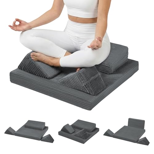 Meditation Cushion, Meditation Pillow for Sitting on Floor, Large Yoga Zabuton Pillows Washable, Zafu Set with 2 Knee Supports, 3 Shapes for Comfortable Sitting, Dark Grey