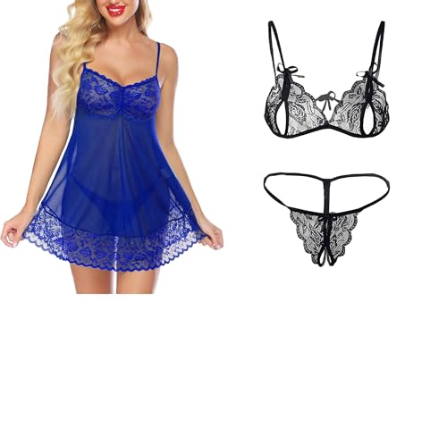 Image of SSoShHub Lace Babydoll Lingerie Sexy Mini Chemise Mesh Wedding Nightie Bridal Nightdress with Bikini