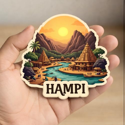 Image of Naxon Hampi City Theme Souvenir Wooden Fridge Magnet | Vijayanagara Ruins & Virupaksha Temple Design 3x3 Inch Refrigerator Magnet for Kitchen & Home Decor | Travel Gift from Hampi | Pack of 1