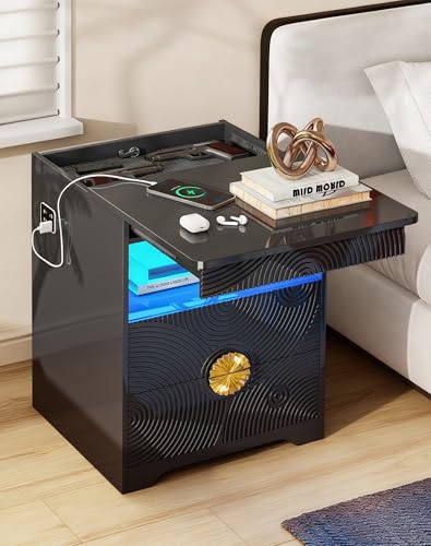 FREDEES LED Bedside Table with Hidden Drawer for Bedroom Black