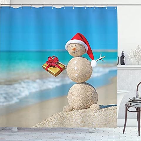Ambesonne Christmas Shower Curtain, Sand Snowman with Santa Hat and Present Tropical Beach Australian Noel, Cloth Fabric Bathroom Decor Set with Hooks, 70" Long, Blue and Vermilion Cover