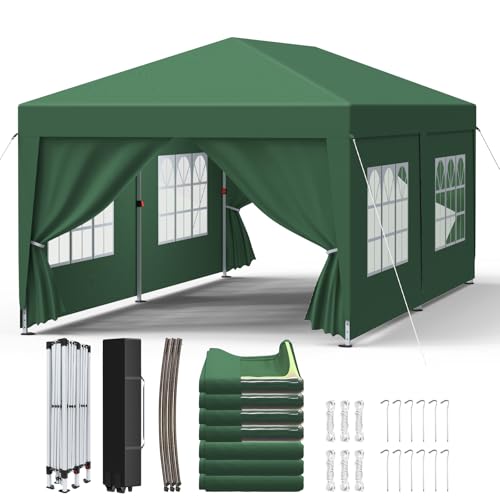 Kidsgigglz Cenador plegable de 3 x 6 m, altura ajustable, impermeable y estable, estructura de acero con refuerzo en el techo, carpa para fiestas con paredes laterales, cuerdas y piquetas, incluye