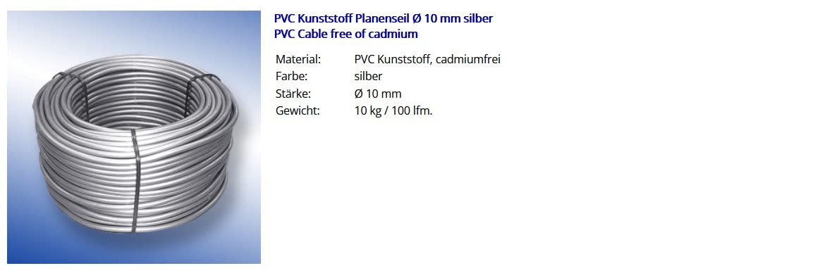 PVC Kunststoff Planenseil Ø 10 mm Silber Seilendverschluss mit oder ohne Simplexhaken (Planenseil Ø 10 mm Silber 20 Meter)