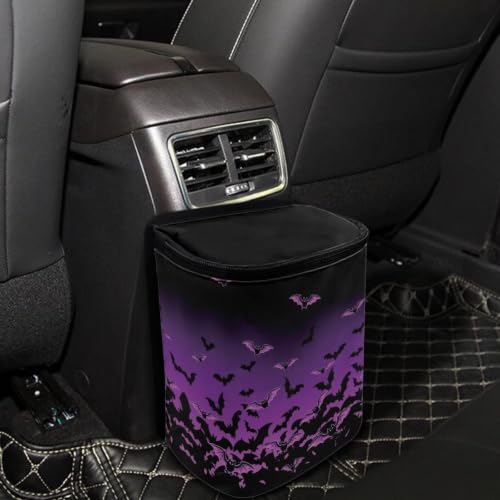 Image of Talayituse Purple Black Bat Print Car Trash Can Portable Auto Garbage Bin Multifunctional Vehicle Interior Accessories with Adjustable Straps Universal Fit Truck SUV Sedan Halloween Decor