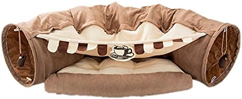 VIGAN Cat Tunnel Bed with Mat Collapsible 2 Way Tube Interactive Play Toys Cat Hideout House for Cat Puppy Kitten (Coffee)