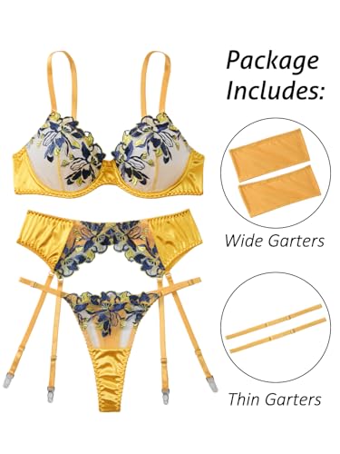 Image of Lilosy Sexy Leaf Floral Embroidered Mesh Sheer Women Underwire Push Up Lingerie Set