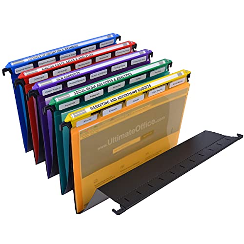 Ultimate Office Magnifile Hanging File Folders V-Bottom Letter Size, Set Of 5 Assorted Color Magnified Indexes Plus 25 Removable Pocketfile Clear Poly Interior Document Folders With 5Th Cut Tabs #TOP14