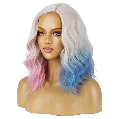 Image of BERON Blonde Ombre Pink Blue Wigs Short Curly Bob Wig for Women Ombre Color Wavy Synthetic Hair Wigs Daily Use