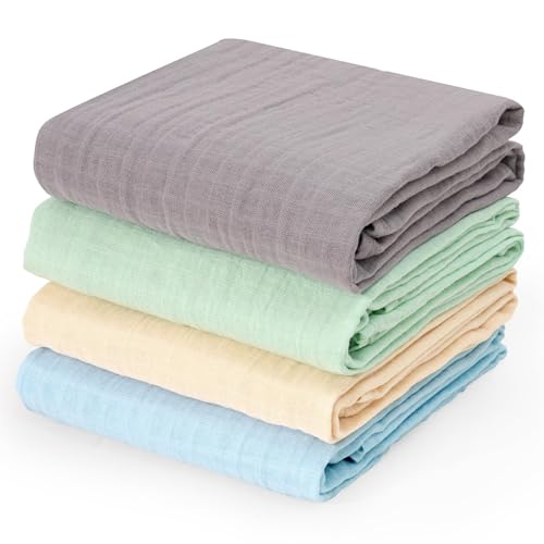 Image of david's kids 4 Pack Baby Muslin Swaddle Blankets 47" x 47", 100% Cotton Swaddling Blankets Wrap for Boys Girls, Ultra Soft Breathable Receiving Blanket, New Born Essentials, Green&Grey&Blue&Beige