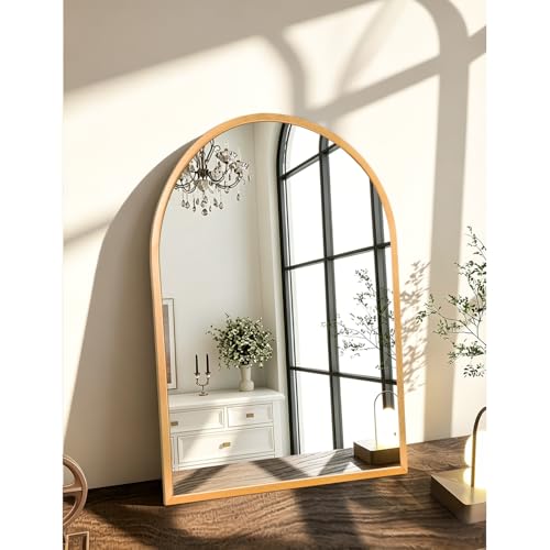 Image of Arched Gold Framed Wall Mirror, 26 inchx18 inch Aluminum Alloy Bathroom Mirror for Wall, for Bedroom Entryway Living Room Vanity Large