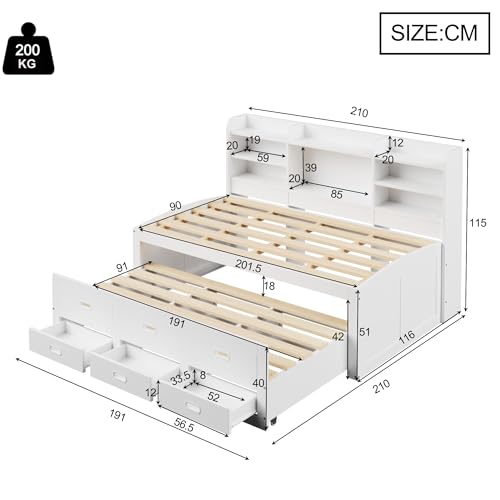 TOBIDOEN Cama de día juvenil 90x200 cm con cama nido y 3 cajones, cama individual Daybett con iluminación LED ambiental, varios compartimentos de almacenamiento y función US/B, tablero de partículas - imagen 2