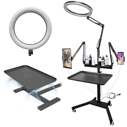 Tattoo Workstation with LED Large Aperture Tattoo Lamp Magnetic Tray with Wheels Salon Tray Mobile Phone/Table Dual Stand Tattoo Cart Suitable for Salon Tattoo Studio (Black)