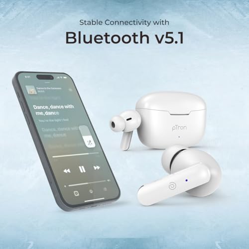 Image of pTron Basspods P81 in-Ear Wireless Earbuds, Pristine Sound, 32Hrs Playtime, Clear Calls TWS Earbuds, Bluetooth V5.1 Headphone, Type-C Fast Charging, Voice Assist & IPX4 Water Resistant (White)