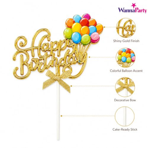 Image of Wanna Party Happy Birthday Cake Topper, Gold Script Balloon Design with Bow, Multicolor Birthday Cake Decoration Pick for Kids, Adults, Party Cakes & Dessert Table - 1PC