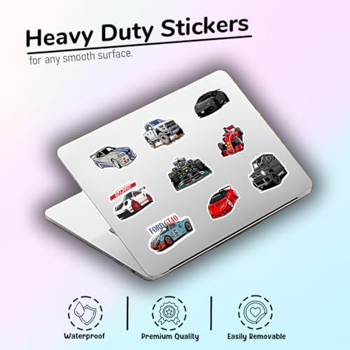 Image of Car Stickers Pack of 22 - Waterproof Vinyl Decals for Laptop, Water Bottle, Helmet & Skateboard | JDM Racing Sports Car Supercar Muscle Car F1 Sticker Set | Scratch Proof, Heavy Duty, Easily Removable
