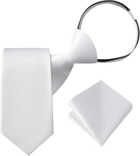 A&J DESIGN First Communion Tie for Boys Necktie and Pocket Square Set Woven Polyester Zipper Tie for Baptism Wedding Formal Casual Accessory White 15 Inch