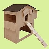 SPÉCIFICATIONS : Pour jusqu'à 12 poules. Avec perchoir, pondoire, rampe d’accès en bois, porte sécurisée. Dimensions totales : L 156 cm x P 81 cm x H 133 cm. Poids : 65 kg
