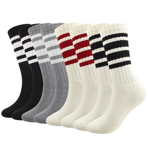 Guiqulai - 4 Pairs Striped Crew Socks Women, Retro Novelty Socks Stretchy Casual Athletic Vintage Retro Running Cotton Sock for Girls Size 6.5-8.5