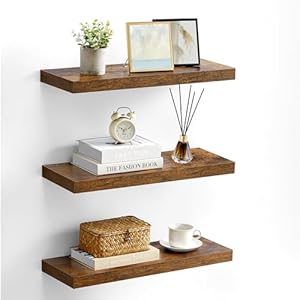 VASAGLE Wall Shelves Set of 3, Floating Shelves, Wall Mounted, 8 x 23.6 x 1.5 Inches, Display Shelves for Picture Frames, Wall Decor, Hanging Shelf for Living Room, Kitchen, Rustic Brown ULWS057B01