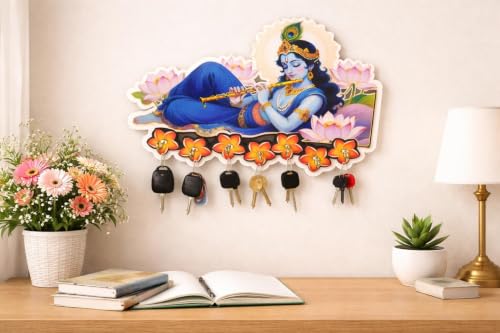 Image of CAPIO ART Kanha Ji Key Holder Wall Decor | Wooden Key Hanger with 7 Hooks | Decorative Key Stand Organizer for Home Entrance, Temple & Living Room | Spiritual Wall Decor Gift Item (8x7 Inch)