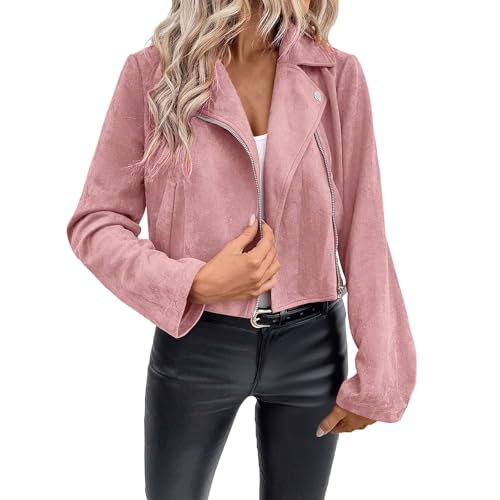 Women Vintage Faux Suede Jacket Zip Up Moto Biker Coat Classic Plain Motorcycle Jackets Western Casual Bomber Jacket Turn Down Collar Motorbike Outwear Ladies Short Coats Streetwear