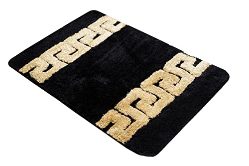Luxus Badematte Badezimmerteppich Duschmatte Badvorleger Badgarnitur Set 2 teilig in schwarz gold Mäander Muster 100% Acryl - rutschfest waschbar flauschig Fussbodenheizung geeignet - schwarz, 2er SET – Bild 5