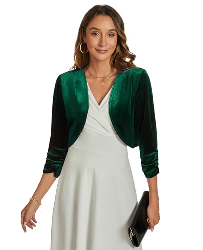 Image of Womens Velvet Bolero Shrug Elegant Open Front Ruched 3 /4 Sleeve Cocktail Party Cropped Cardigan