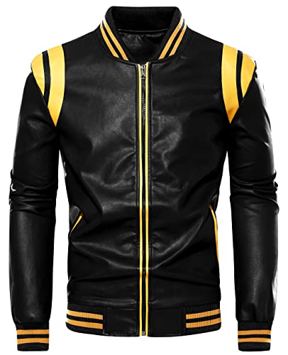 chouyatou Men's Casual Color-Block Patches Full Zip Fleece Lined Pu Leather Varsity Bomber Jacket