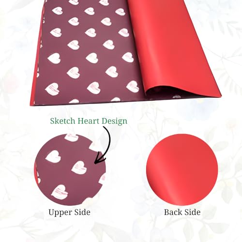 Image of Oasis - Pack of 10 Sheets Korean Style Waterproof Black Bouquet Wrapping Sheets (58cm x 58cm, 60 Microns) | Maroon Sketch Heart Design, Premium Giftwrap for Flowers & DIY Gift Wrapping Paper