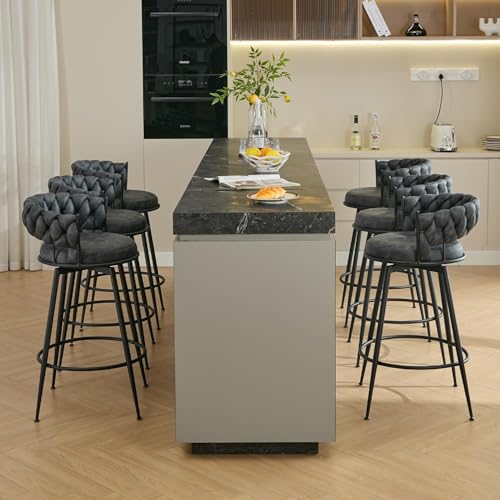 Bar Stools Set of 2, 28 inch Counter Height Stools 360° Swivel Bar Stools Counter Stools for Kitchen Island with Woven Back and Suede Fabric, Metal Frame & Footrest for Cafe, Pub, Bar, Gray by LONXIU - Image 7