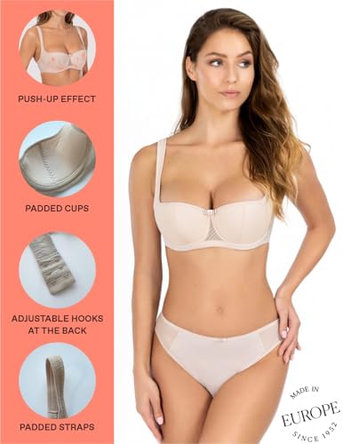 Rosme Women's Balconette Bra with Push Up Effect Plus Size Sexy Lace Demi Half Cup Bra Underwired Low Cut Mesh Bras Kamila3