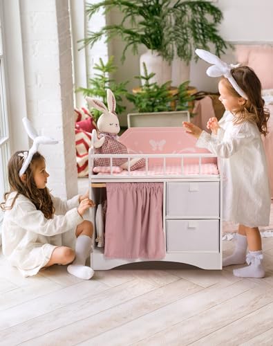 ROBOTIME Baby Doll Crib, Kids Wooden Doll Bed with Storage Cabinet and Bedding, Dolls Cribs and Cots with Wardrobe, Furniture & Accessories, Toy Cot Suits for Under 22", Toddler Girl Aged 3+ (Pink) - Image 4