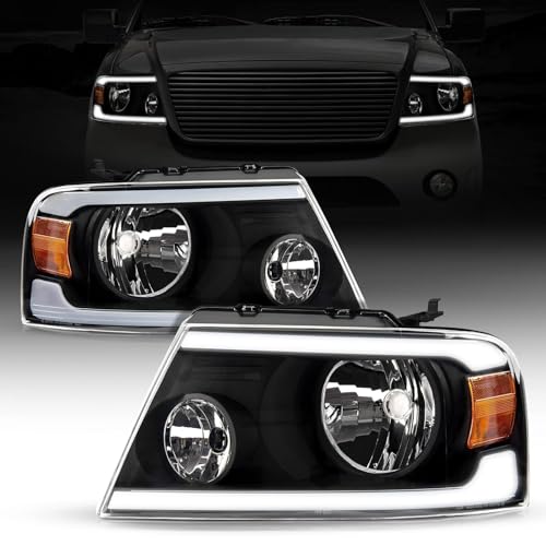 PHILTOP Headlight Assembly Pair with LED DRL Daytime Running Lights Direct Fit 2004-2008 F150, Waterproof Headlamp Aluminum Reflector Black Chrome Housing Clear Lens Passenger and Driver Side