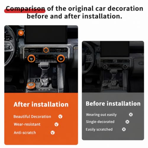 Image of for Toyota Tacoma 2024-2026 & 4Runner 2025-2026, 14-Inch Screen Aluminum Alloy Knob Cover Trim - Fits Push Start, AC, Volume & 4WD Gear Switch (Orange, 6-Piece Set)