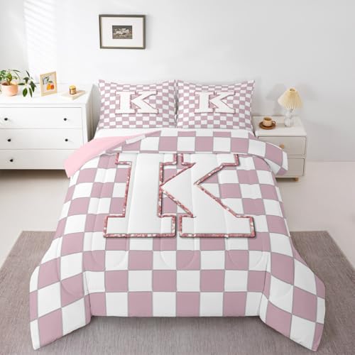 Image of Erosebridal Pink Initial K Kids Comforter Sets Kawaii Plaid Checkered Queen Bedding Set for Girls Teen Women Cute Personalized Monogram Comforter Set,Fashion Grids Gingham Quilt Duvet 3 Pcs
