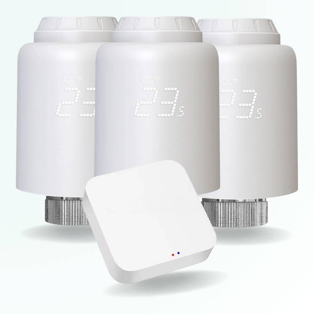 ZenGO Pack de démarrage de Chauffage connecté programmable, 3 têtes thermostatiques pour radiateur à Eau Chaude, ZigBee, Compatible Alexa, Google Home, SmartLife et Tuya
