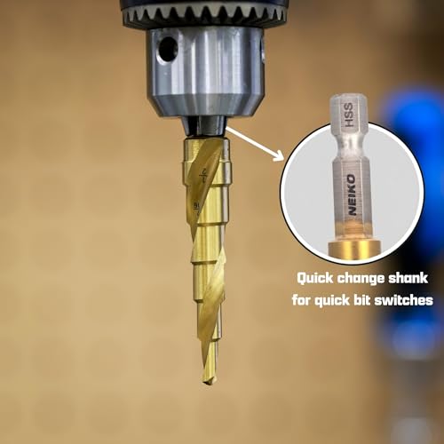 Image of NEIKO 10608A Step Drill Bit, 9 Steps 1 /4 inch to 3 /4 inch Spiral High Speed Steel, Titanium Nitride Coated, 1 /4 inch Quick Change Step Bits for Steel, Metal, Wood, Plastic, Unibit Cone Drill Bits, Two Flute