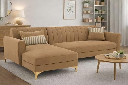 Image of Adorn India Premium Luster 6 Seater L Shape Sofa Set | Velvet Suede Fabric | 3-Year Warranty | LHS |Color Camel with Golden Legs & Striped Pattern Cushion