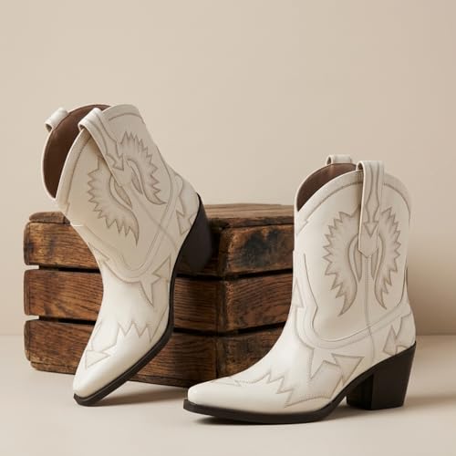 Image of HOCHFART Western Boots for Women Metallic Embroidered Pointed Toe Cowgirl Boots Chunky Heel Pull-On Short Cowboy Boots Wide Calf Country Ankle Boots