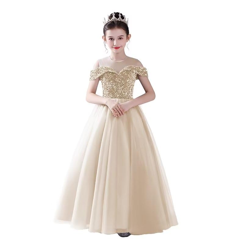 dideyttawl Girls Formal Dress Pageant Dress Junior Bridesmaids Dress Off Shoulder Gown Girls Tulle Sequin Floor Length Dress