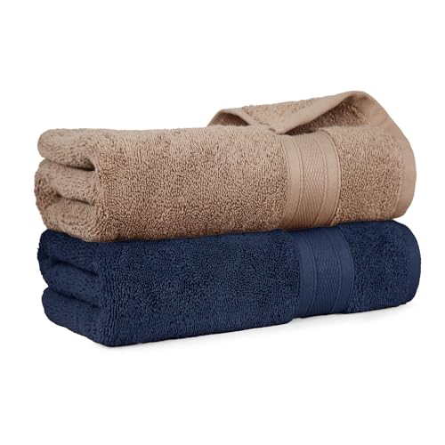 Image of MYTRIDENT Soft Comfort Air Rich 100% Cotton Towels for Bath, 500 GSM Large Size Bathroom Towels for Men /Women, 2PC Bath (69 cm x 137 cm), Acorn and Navy