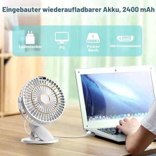 COZII Mini Ventilator, Clip Ventilator USB Ventilator Tischventilator Leise mit Akku, 5 Geschwindigkeiten 720° Drehung, 16cm Tragbarer Tischventilatoren für Zuhause, Büro, Outdoor, Reisen (Weiß) 4