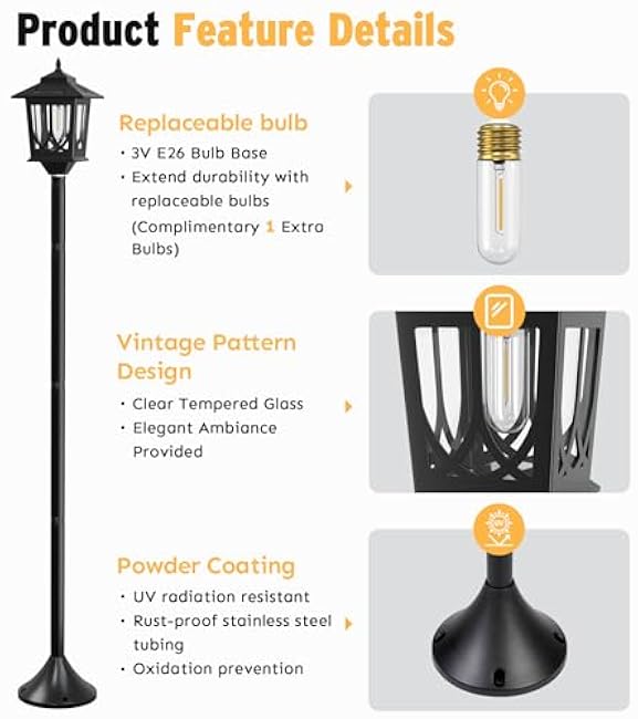 63 Solar Lamp Post Light 2 Pack, Solar Light Posts for Outside Waterproof, Outdoor Lamps for Patio, Backyard, Front Porch Decor, Warm White, Replaceable Bulb