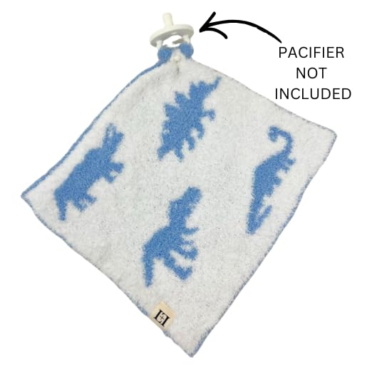 Image of L+L USA Dinosaur Baby Lovey Pacifier /Teether Holder 10 inchx10 inch - DreamSoft Plush Fluffy Cuddly Soothie Reversible Mini Comfort Blanket - Newborn Gift Essential Babies Boys Girls (Baby Blue /White)