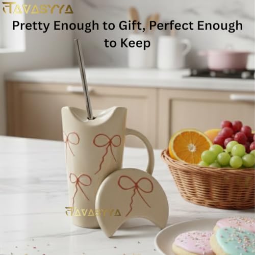 Image of Handmade Pink Bow Embossed Ceramic Tumbler, Mug with Lid & Straw, Tactile Print Cup for Hot & Cold Beverages - Coffee, Tea, Shakes, Matcha, Microwave & Dishwasher Safe, Perfect for Gifting